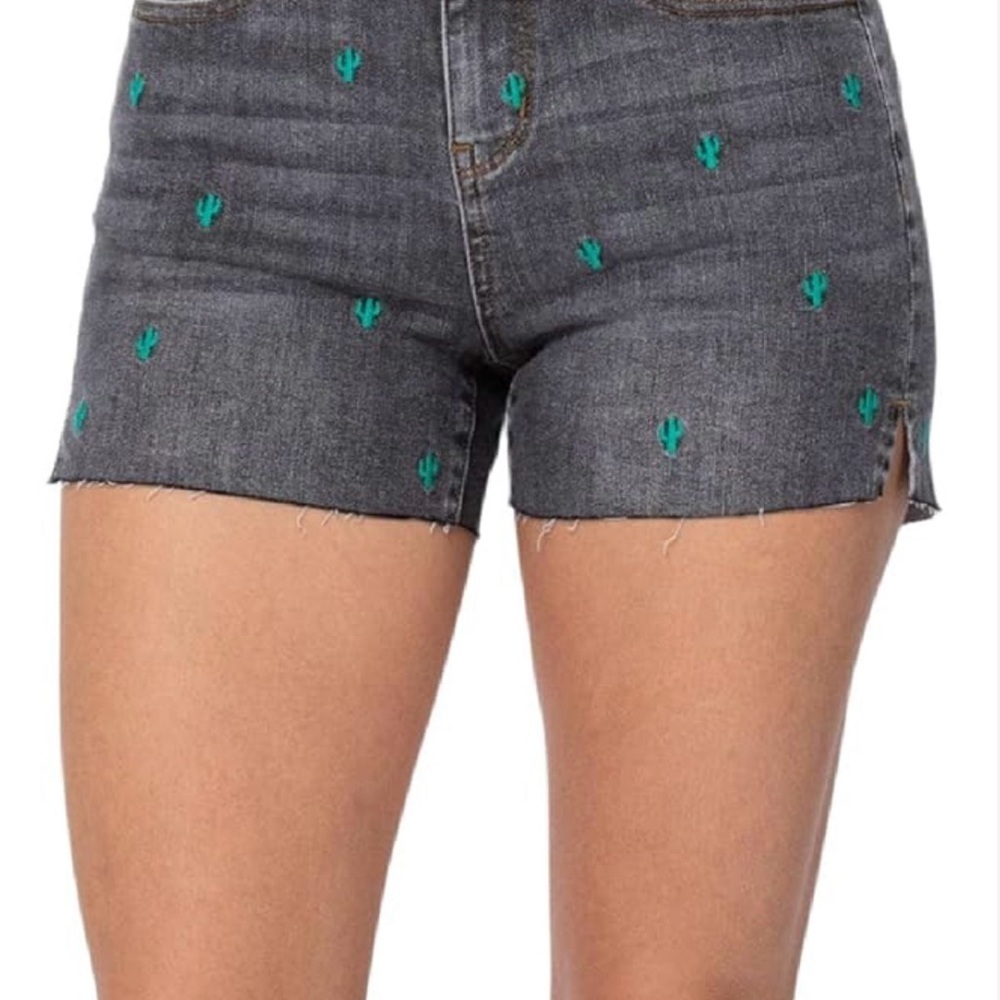 Judy Blue High Waist Shorts Size 2XL Embroidered Cactus Raw Hem Stretch grey